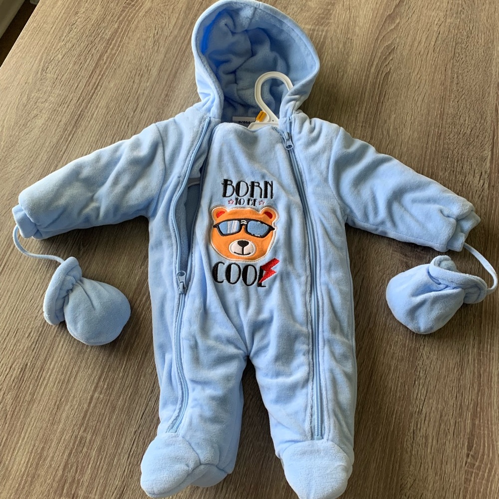 Warm winter boys body suit with mittens.